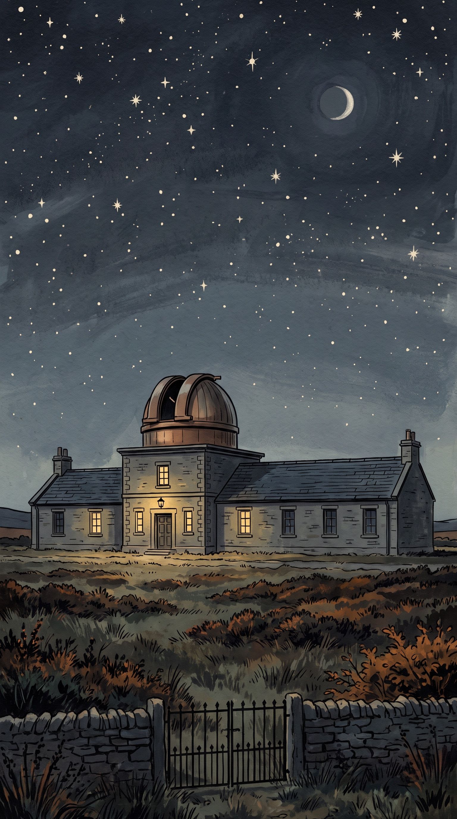 A painted night scene: Kestrel Fell Observatory, alone on a moorland hill, under a sky full of stars.